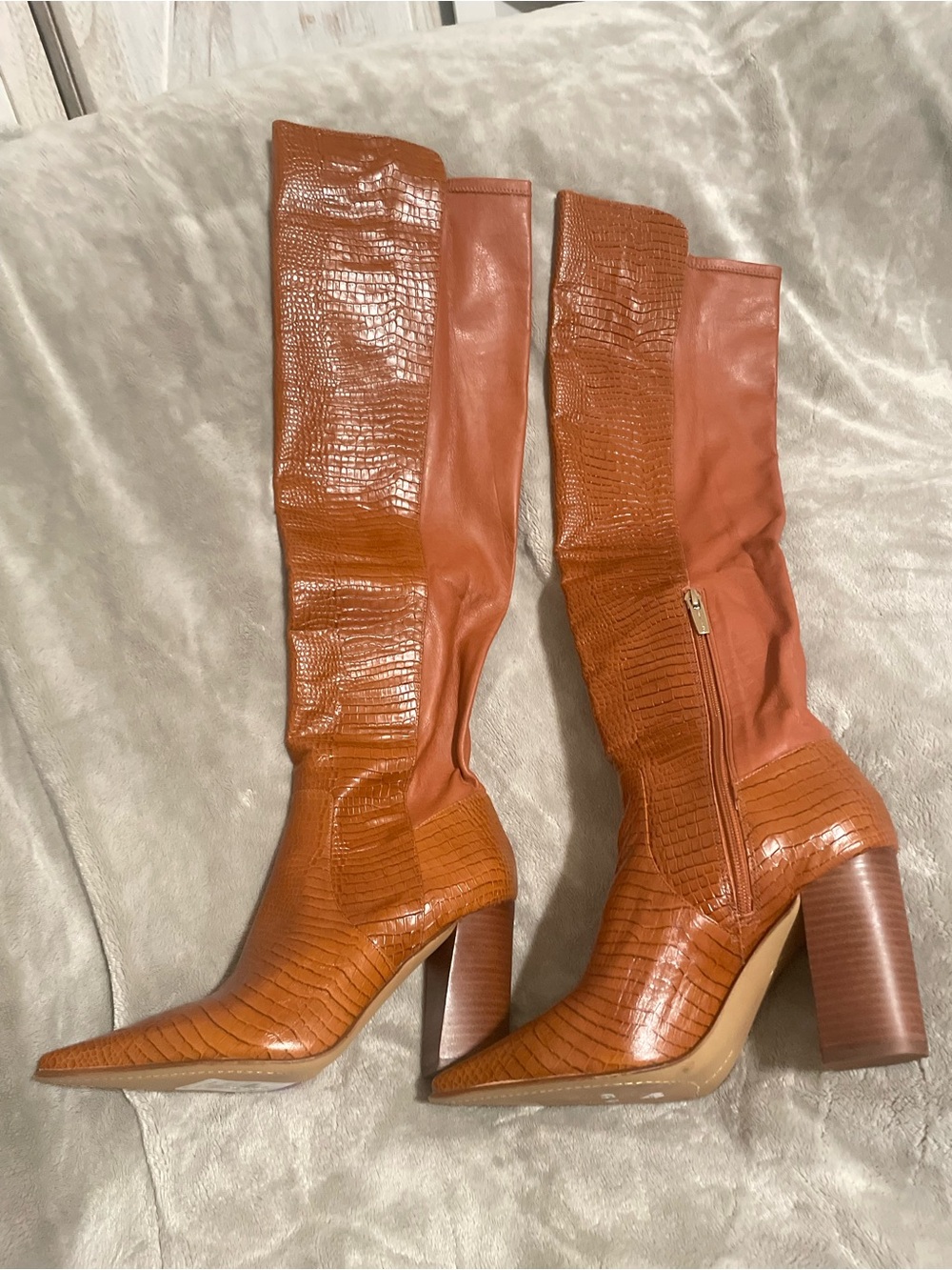 Vince Camuto Cognac Croc-Embossed Pointed-Toe Knee Boots